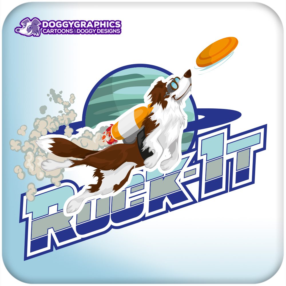 Ilustración de perro en acción con frisbee – Rock It ilustración de perro estilo cartoon en acción con frisbee diseño personalizado Rock It