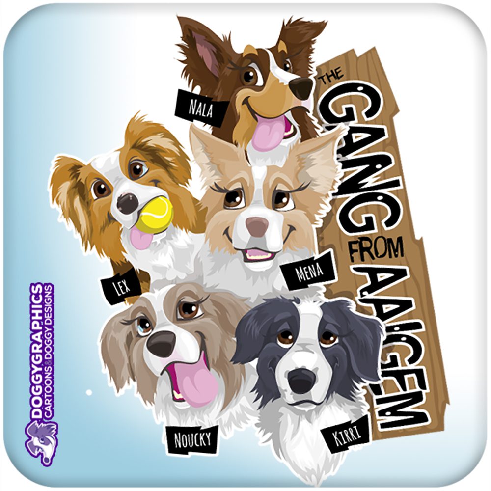 Ilustración personalizada de grupo de perros – retrato conjunto ilustración personalizada de grupo de amigos con sus perros estilo cartoon