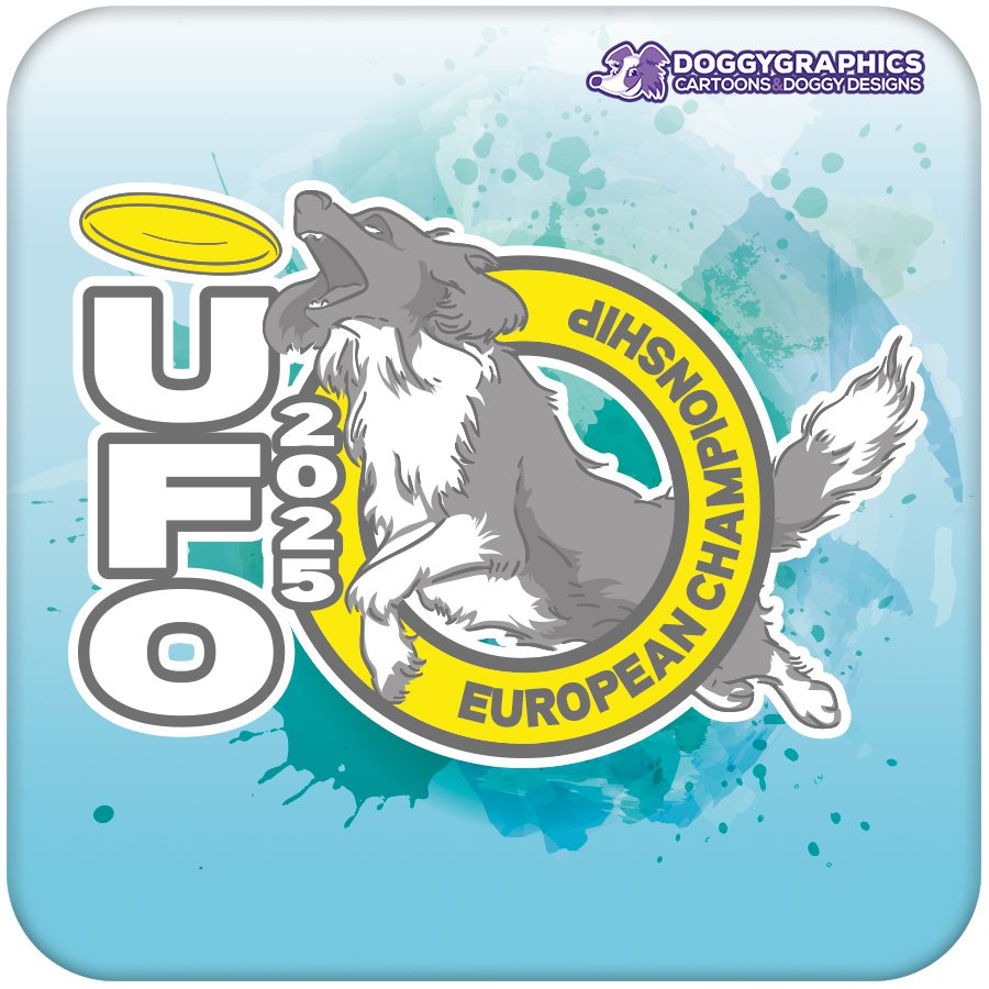 Logo Disc Dog UFO European Championship – ilustración personalizada DoggyGraphics logo disc dog UFO European Championship con ilustración de perro estilo cartoon