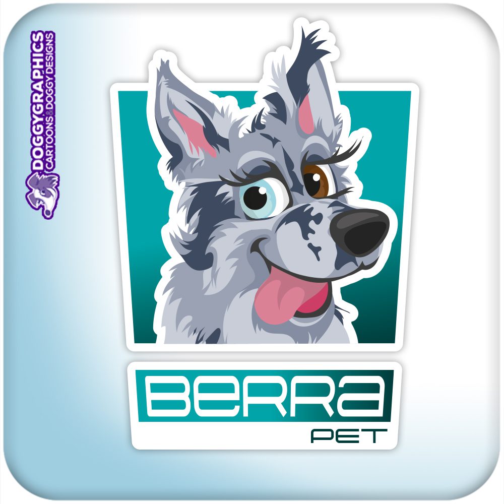 Logo para marca de mascotas Finlandia – Berra Pet logo de marca de mascotas Berra Pet Finlandia con ilustración de perro estilo cartoon